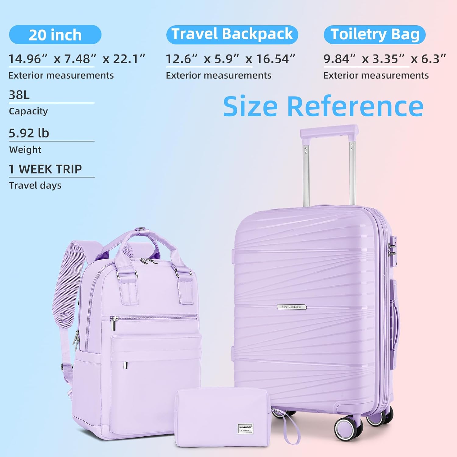 LARVENDER Luggage Sets 3 Piece, Expandable Carry On Luggage 22x14x9 Airline Approved, 20 Inch Hardshell & Lightweight PP Carry On Suitcase for Women with Spinner Wheels TSA Lock, Lavender