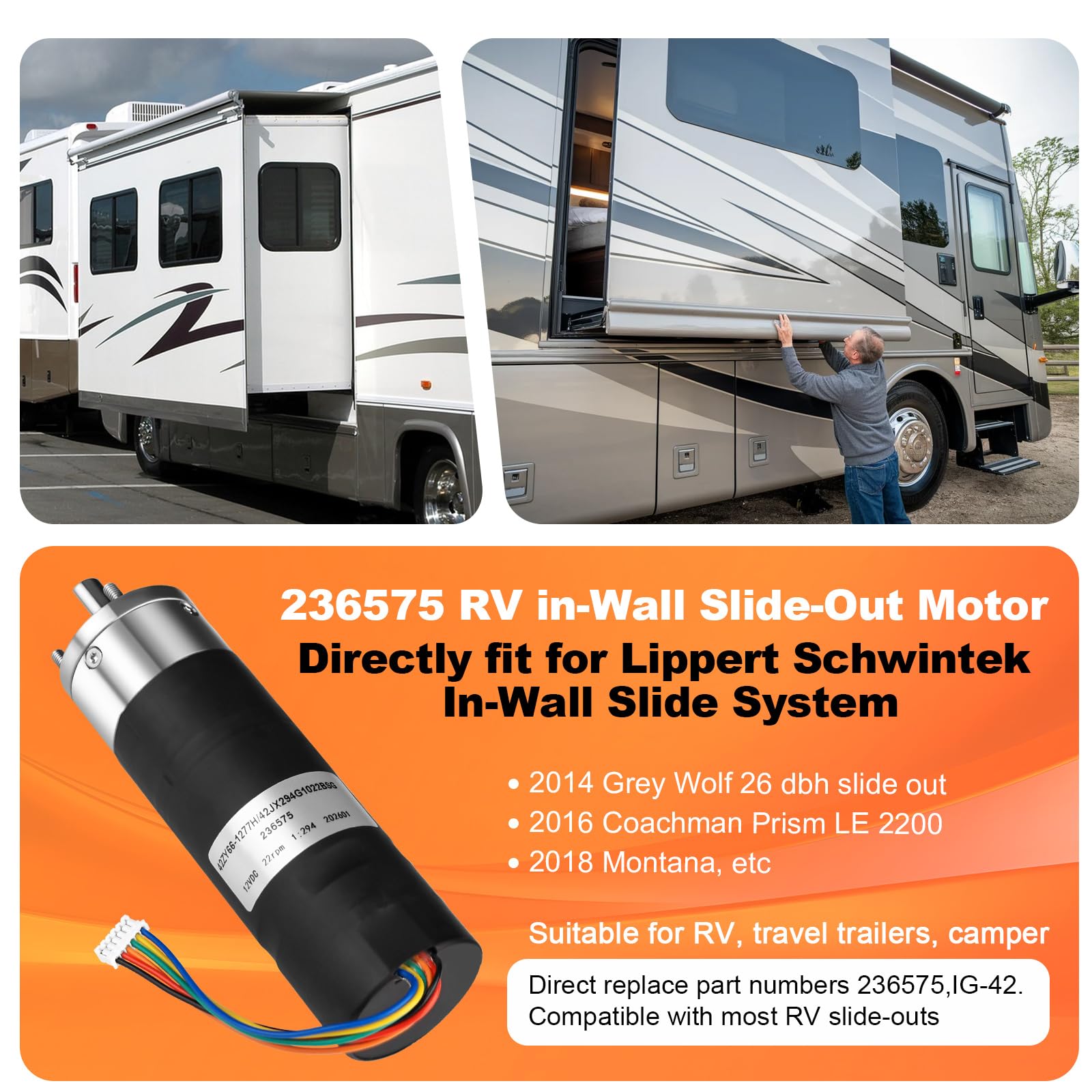 Beaquicy 236575 Moteur coulissant mural de rechange pour système coulissant mural Lippert Schwintek IG-42 10 mm pour remorque de voyage et camping-car Moteur coulissant à couple élevé 300:1, 12 V CC