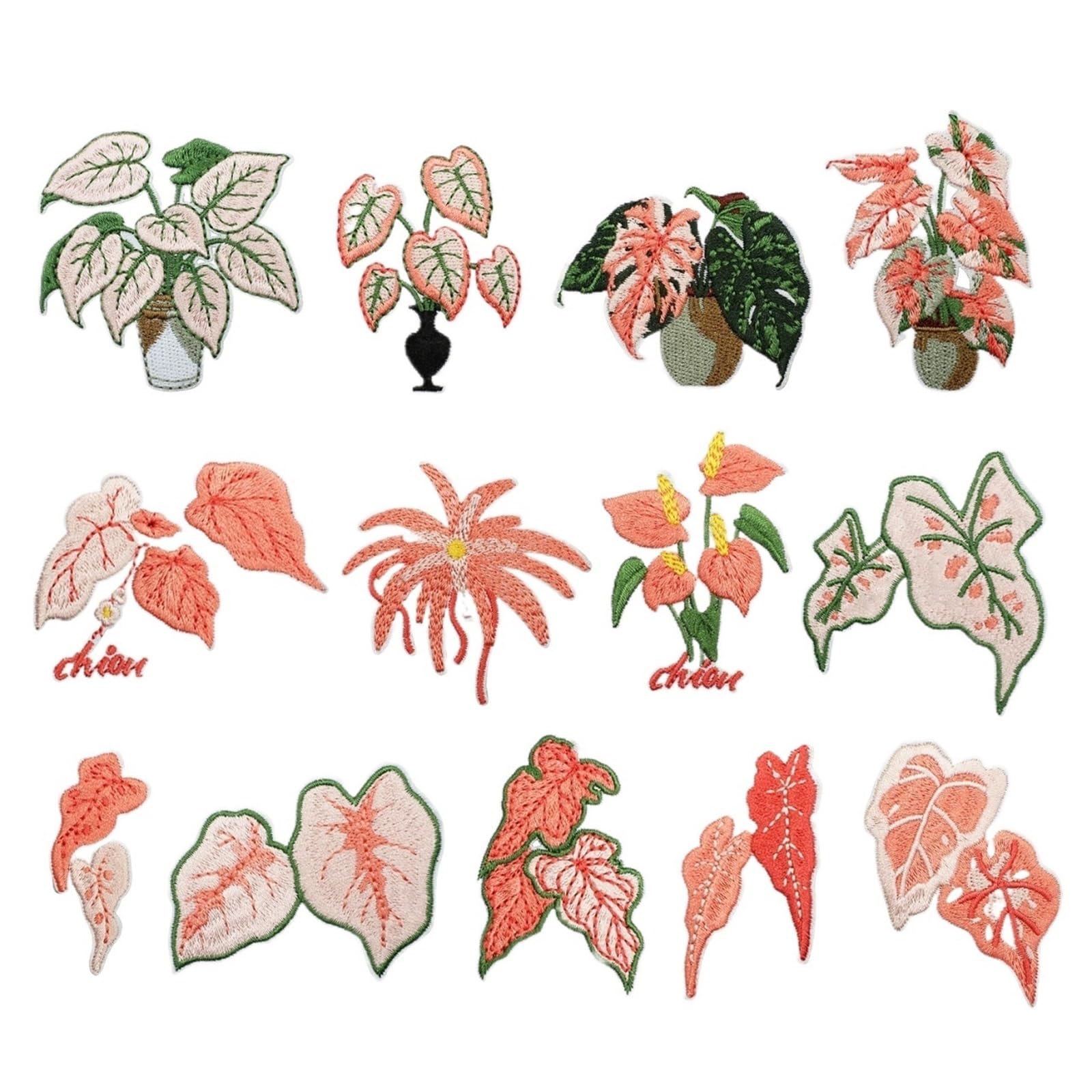 Wtaxbh Black Iron On Patches 12Pcs Embroidered Patches Pack Plant Embroidery Leaf Flower Pot Red Patch Sticker Clothes Set Of Ironing(Black)