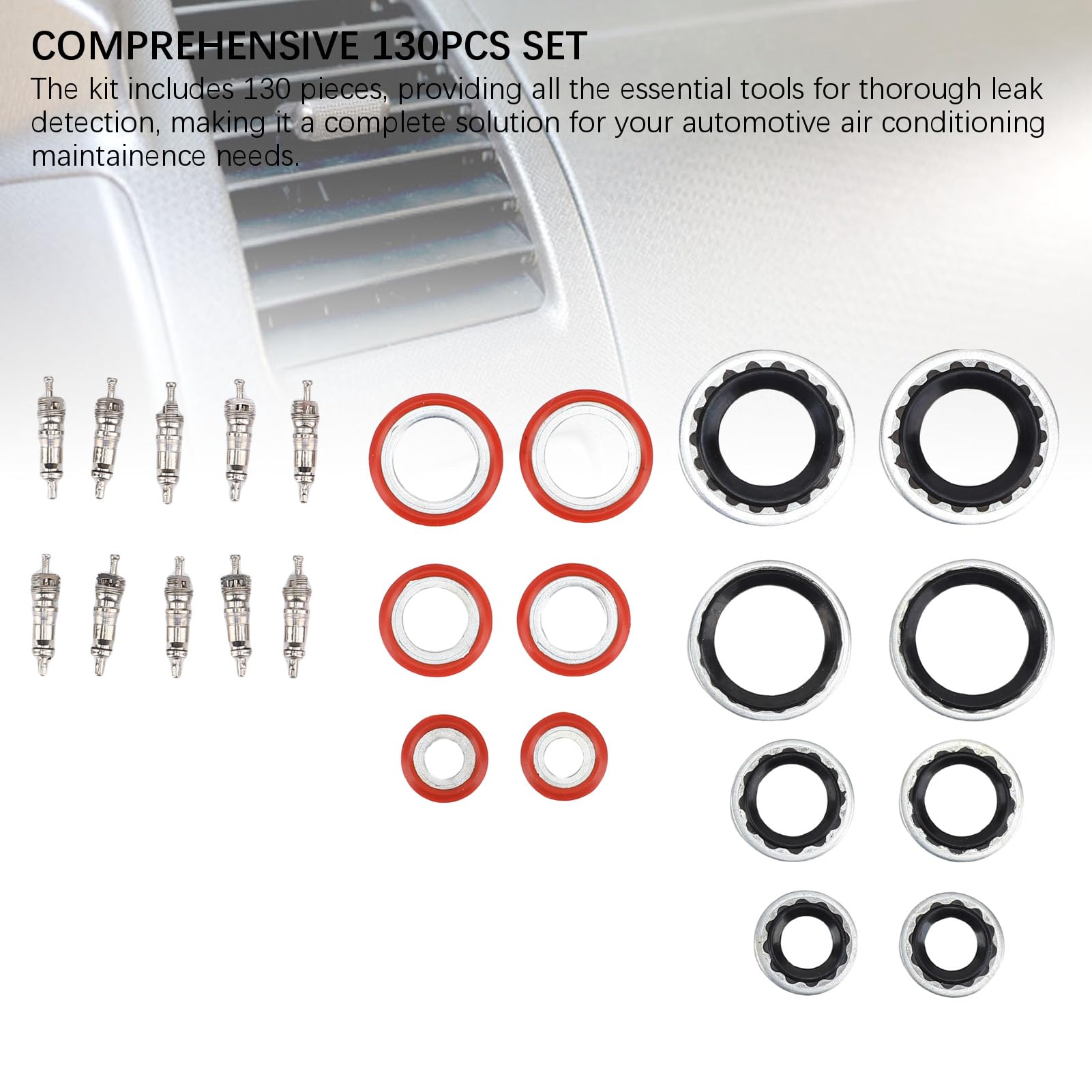 Aramox Kit de Detector de Fugas de CA para Automoción, Herramienta de Detección de Fugas de Aire Acondicionado de Latón, Juego de 130 Piezas para Reparación de CA de Coche, Camión, Caja de