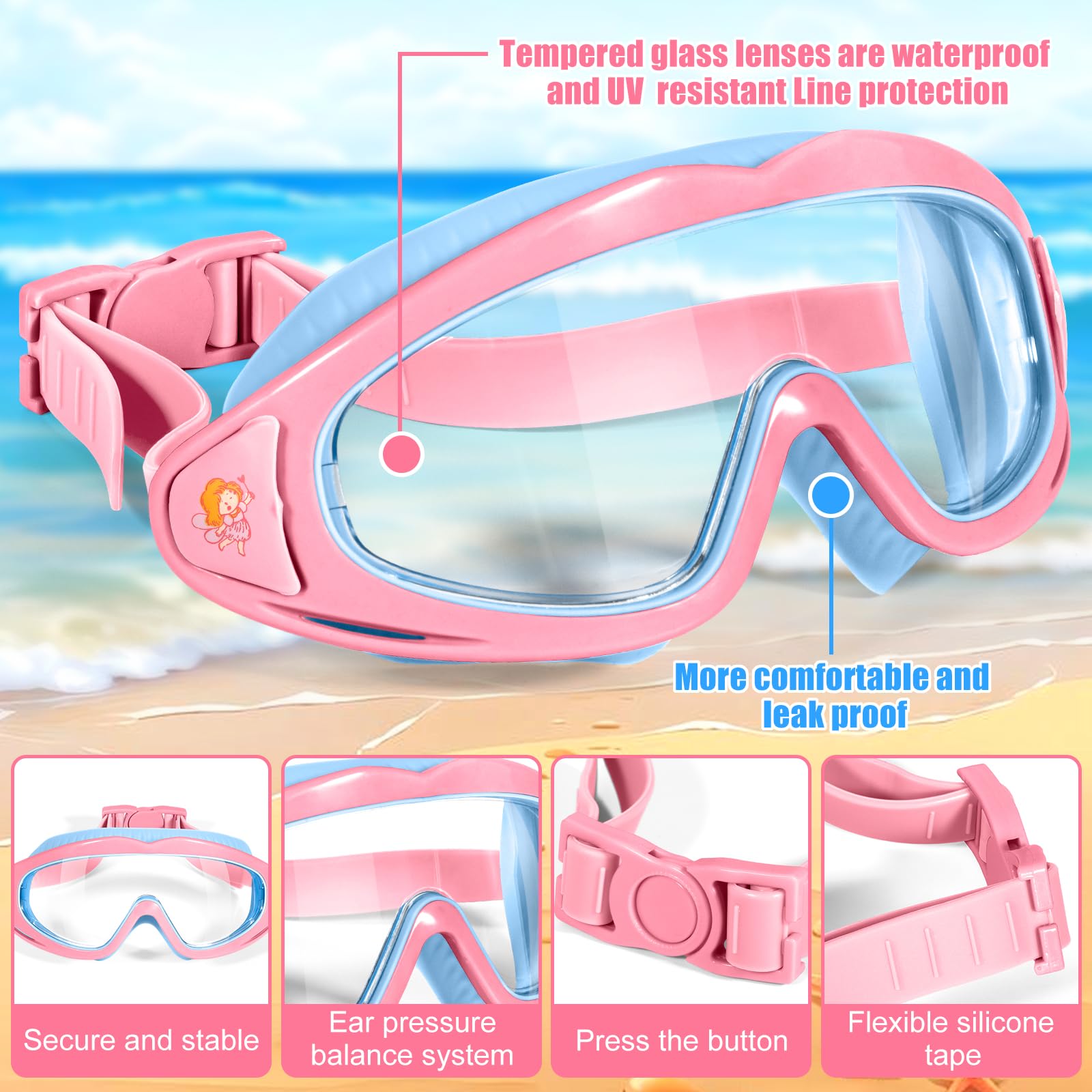 Gafas de Natación para Niños, Máscara de Buceo Infantil de 180° Panorámica, Protección UV, Antivaho, Diseño Antifugas, Ajuste Rápido, Gafas de Natación Unisex para Niños y Niñas de 3 a 15 Años