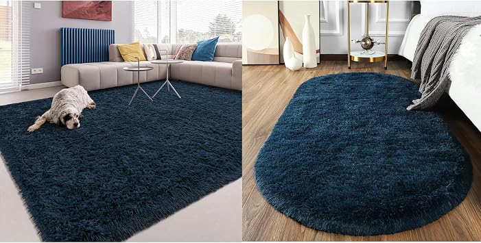 Softlife Rug for Living Room 6x9 and 2.6x5.3 Oval Area Rug for Bedroom Super Soft Shaggy Rugs for Kids Room Fluffy Fuzzy Carpets Long Plush Bedside Rug Nursery Christmas Decor, Navy Blue