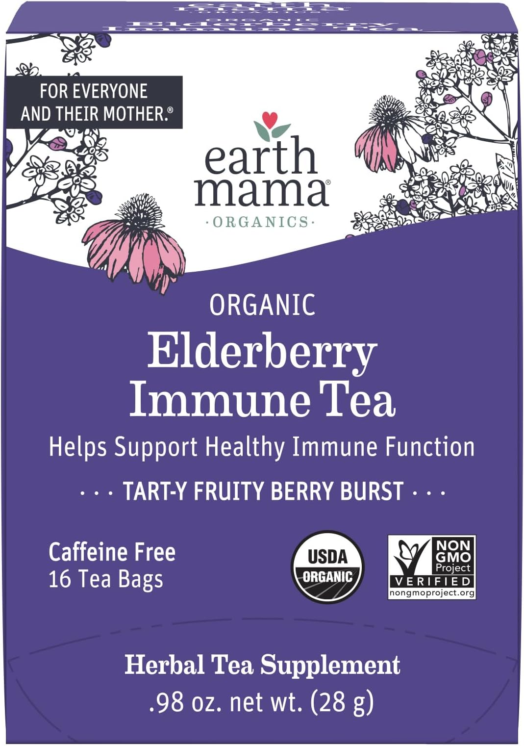 Earth Mama Organic Elderberry Immune Support Tea with Echinacea | Safe For Pregnancy, Breastfeeding, Postpartum, Kids and Family Essentials, Decaf Tea with Ginger & Rooibos, 16-Count