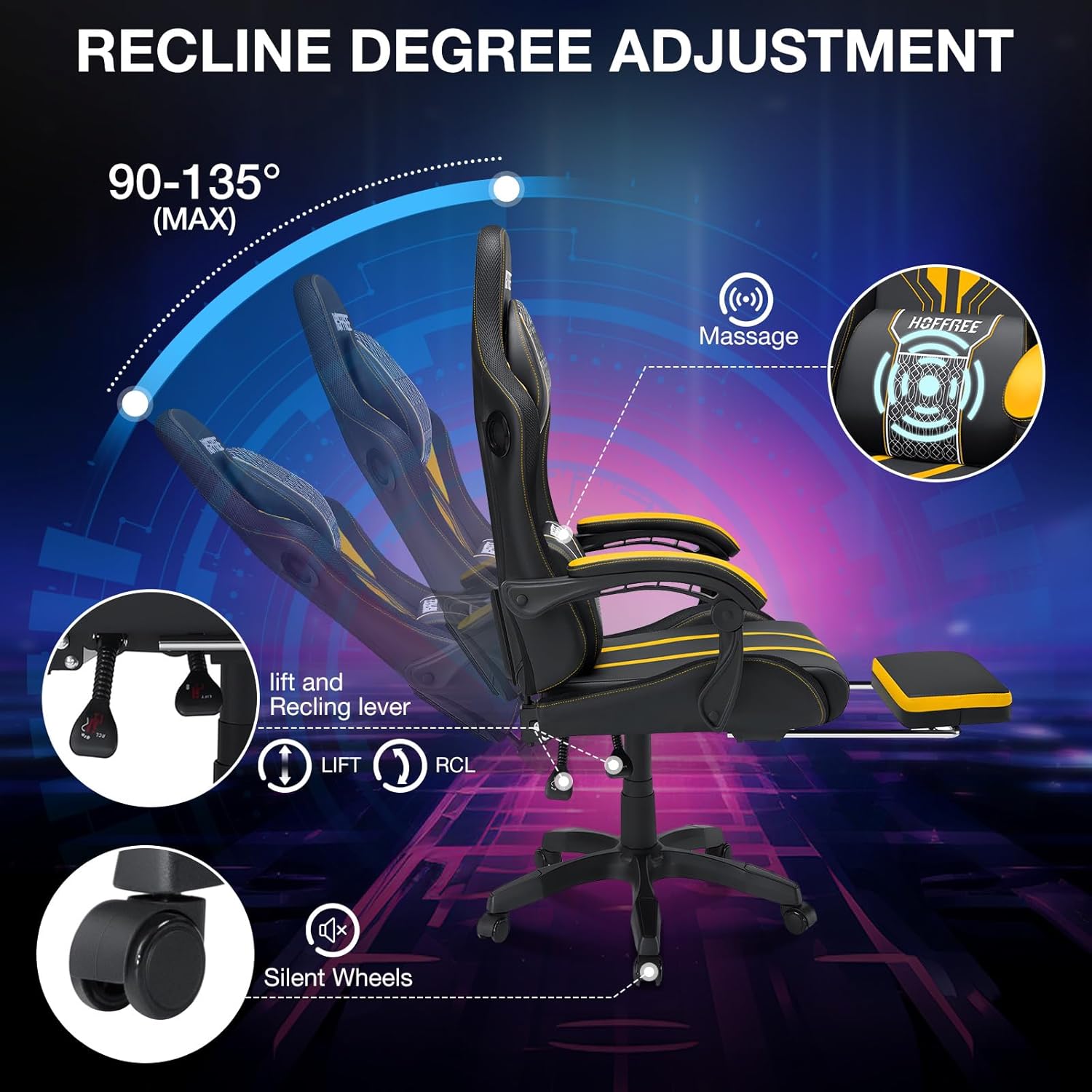 HOFFREE LED Gaming Chair with Speakers and Massage Video Game Chair Big and Tall with Footrest Gamer Chair for 400lbs Computer Desk Chair Yellow and Black, Yellow+black, HOGC-MAX303