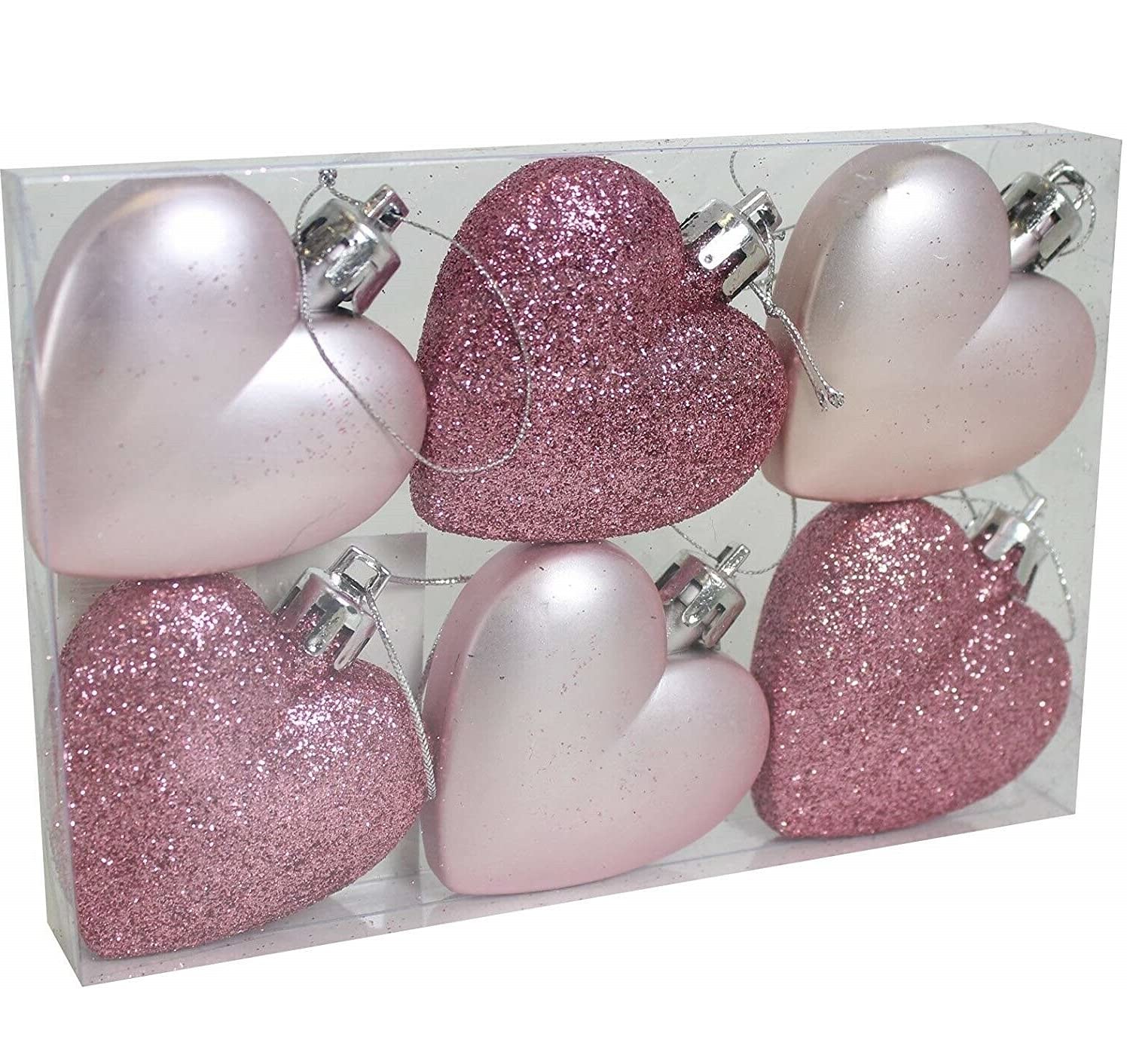 Decsee Pink 6 Blush Dusty Heart Shaped Bauble Hearts Christmas Baby Ornament Hanging Tree Decorations Glitter Matt