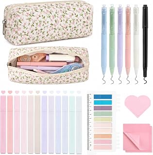 22Pcs Book Annotation Kit Aesthetic Pencil Case with Supplies School Annotation Supplies Gel Pen Transparent Sticky Note Taking Bible Study College Stationery Supplie (Pink Floral)