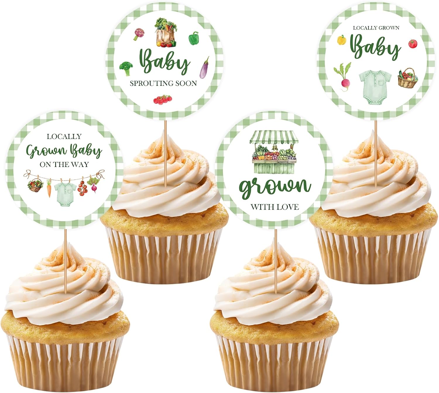 36PCS Locally Grown Baby Cupcake Toppers, Market Baby Shower Cupcake Picks for Boys, Market Vegetable Themed First Birthday/Gender Reveal Party Decoration