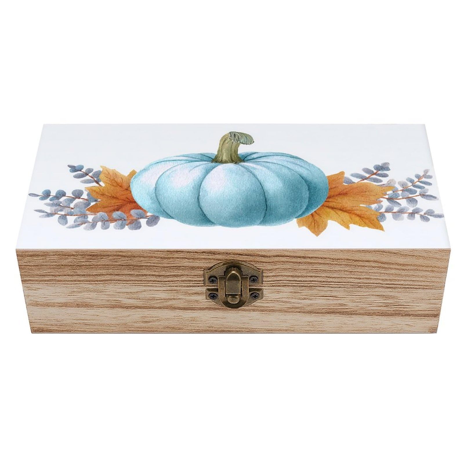 Pastel Blue Pumpkin with Fall Leaves Wooden Storage Box with Hinged Lid