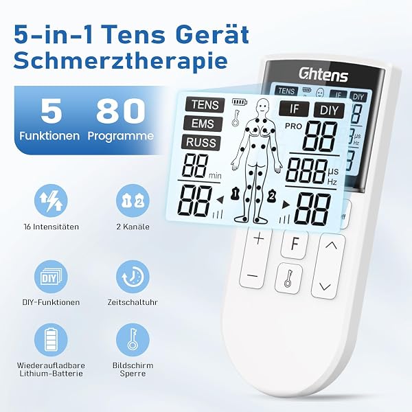 TENS Gerät Schmerztherapie, 5-in-1 Reizstromgerät (TENS/EMS/IF/RUSS/DIY) zur Schmerzlinderung durch elektrische Nervenstimulation, mit 80 Massageprogrammen, 2 Kanäle und 8 Stück Elektroden Pad - 3