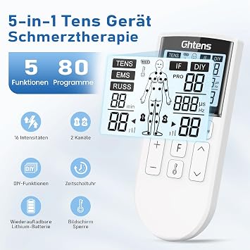 GHTENS TENS EMS Gerät Schmerztherapie 5-in-1 Reizstromgerät (TENS/EMS/IF/RUSS/DIY) zur Schmerzlinderung durch elektrische Nervenstimulation mit 80 Massageprogrammen 2 Kanäle und 8 Elektroden Pads