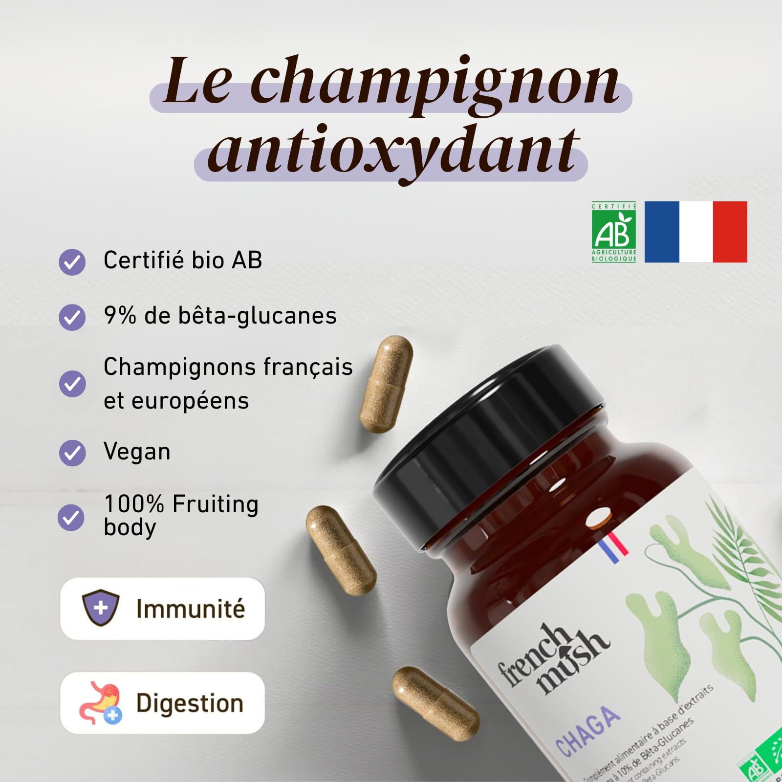 French Mush - Chaga Bio Gélules 8000 mg - Super Aliment Antioxydant - 56 Gélules Vegan - Chaga Mushroom Complex Riche en Vitamines B, D et K - Testé en Laboratoire - Fabriqué en France