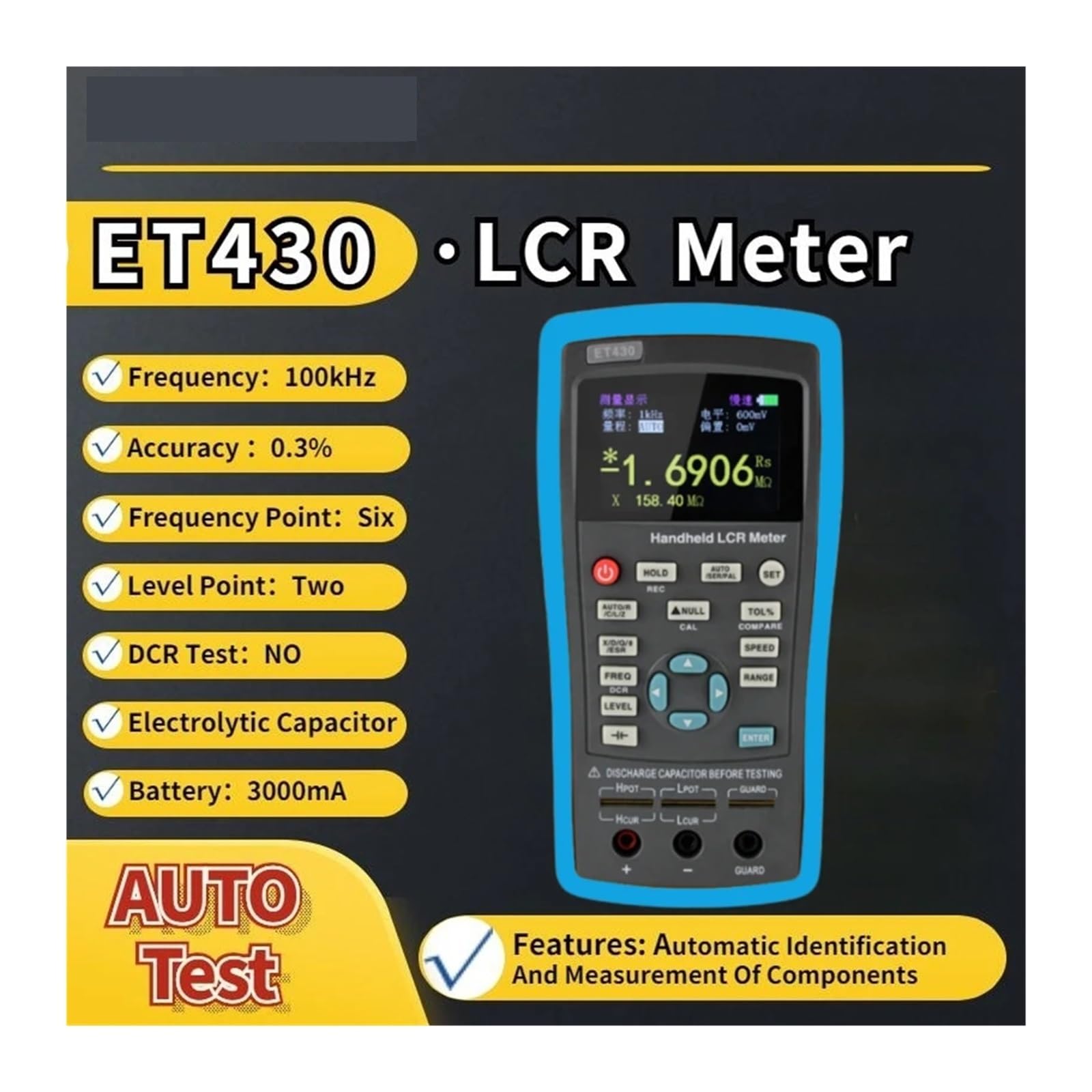 Medidor LCR Medidor de puente digital LCR ET43 USB portátil de alta precisión, capacitancia, inductancia, resistencia, pantalla digital(ET430)