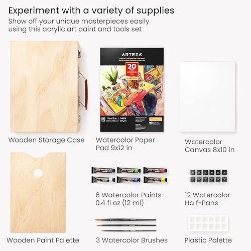 Miniatura 2 de Arteza Kit de pintura de acuarela, 24 piezas, 18 acuarelas vibrantes, 3 pinceles de acuarela, bloc de papel de acuarela y lienzo, y estuche de