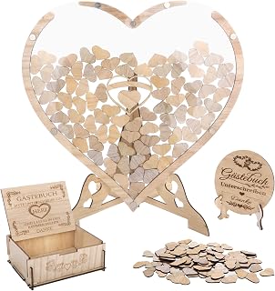 Hochzeits Gästebuch Holz, Alternatives Hochzeitsgästebuch mit 80 Holzherzen, Herz Gästebuch mit Holzbox, Aufsteller & Hinweisständer, Hochzeit Deko für Hochzeit, Verlobung und Jubiläum für Brautpaar
