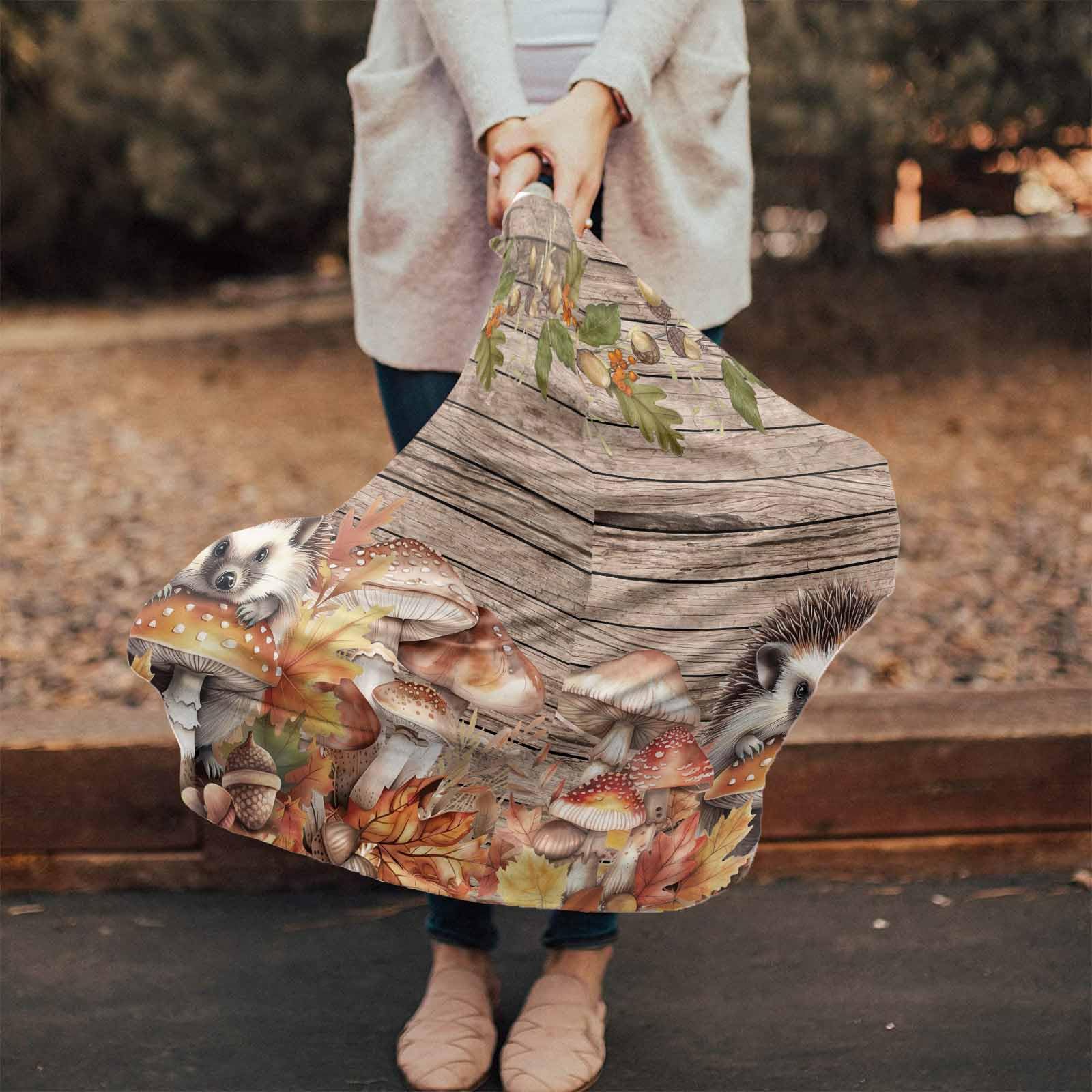 Nursing Cover for Breastfeeding Scarf, Fall Pumpkin Mushrooms Hedgehog Leaves Wood Baby Car Covers Super Soft Multi Use for Canopy Shopping Cart Cover Blanket Stroller Cover