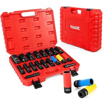 1/2 Inch Impact Wrench Nut Set 10-32 mm 19-Piece Impact Socket Set with 3-Piece Power Protective Insert Set 17-19 -21 mm Alloy Wheels Protective Nuts Wheel Change Cr-Mo 85 mm Length