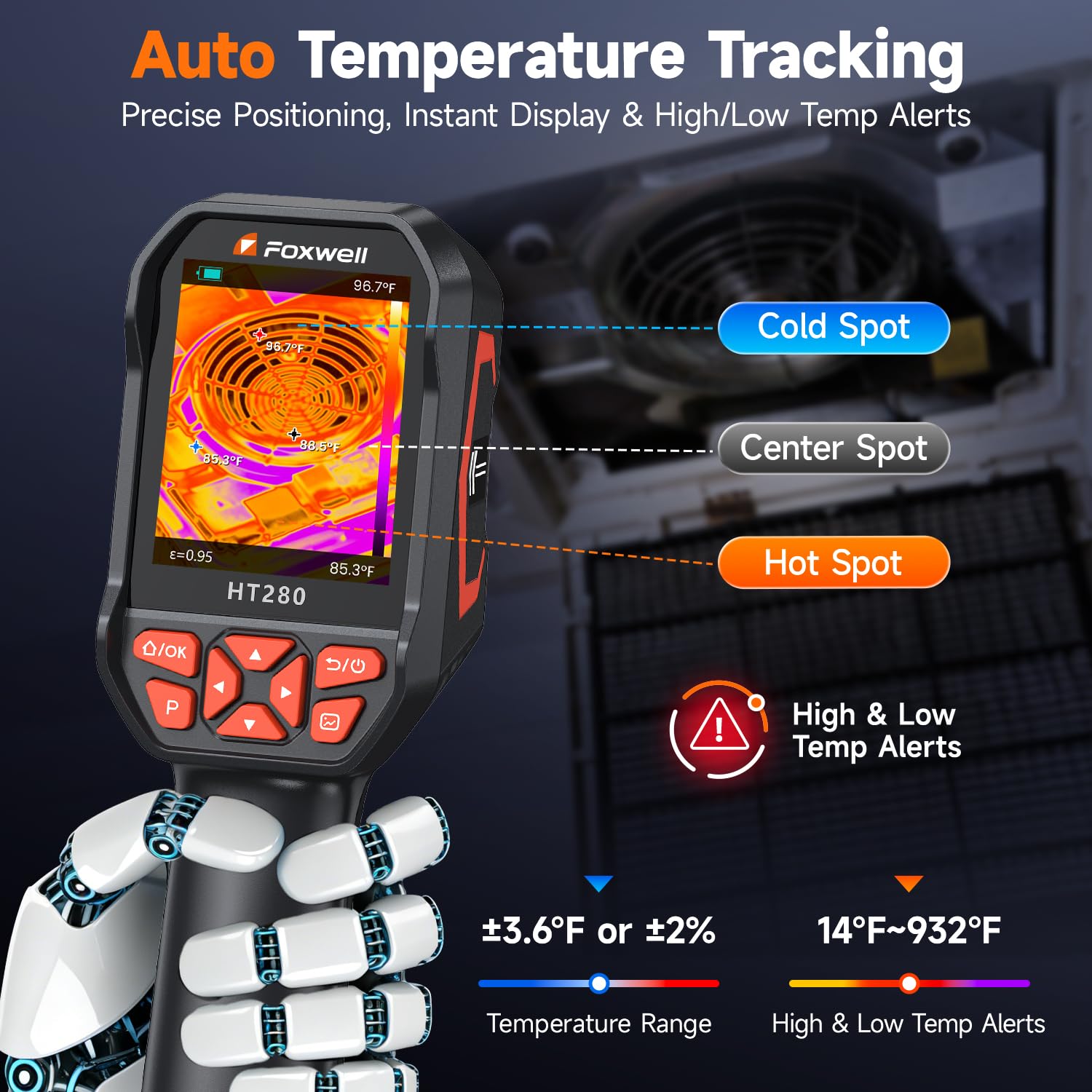 FOXWELL HT280 Wärmebildkamera, 320 × 240 2.8-Zoll-LCD-Bildschirm, 260 × 260 TISR-Auflösung, 25 Hz, tragbare Infrarotkamera mit Temperaturalarm für Inspektionen im privaten Bereich, in der Klimatechnik
