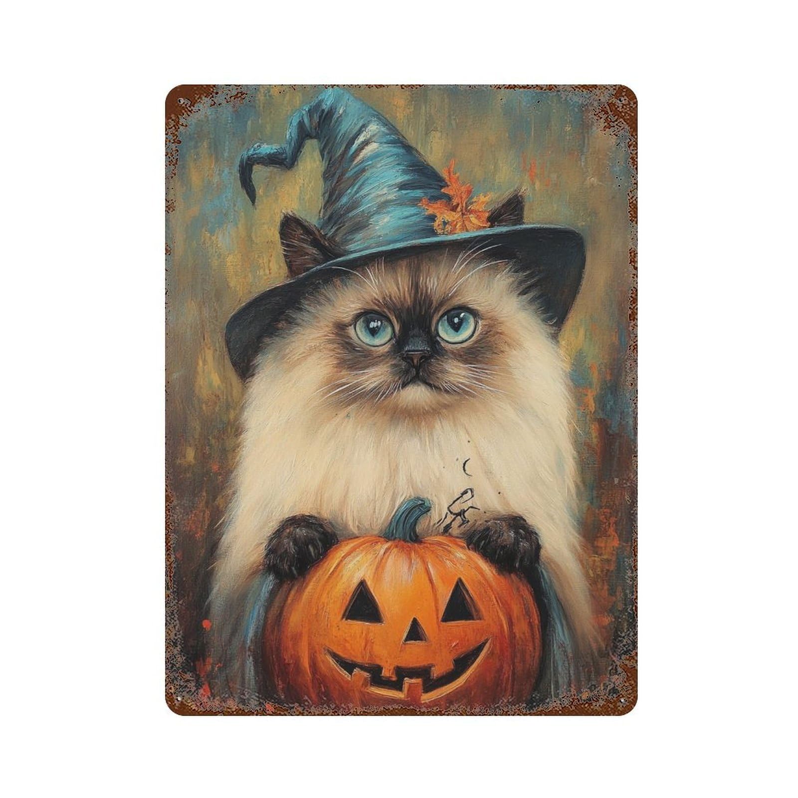 Halloween Witch Cat with Pumpkin Retro Metal Sign 15.7"x11.8", Shabby Chic Decor for Bistro, Counter And Cafe Decor