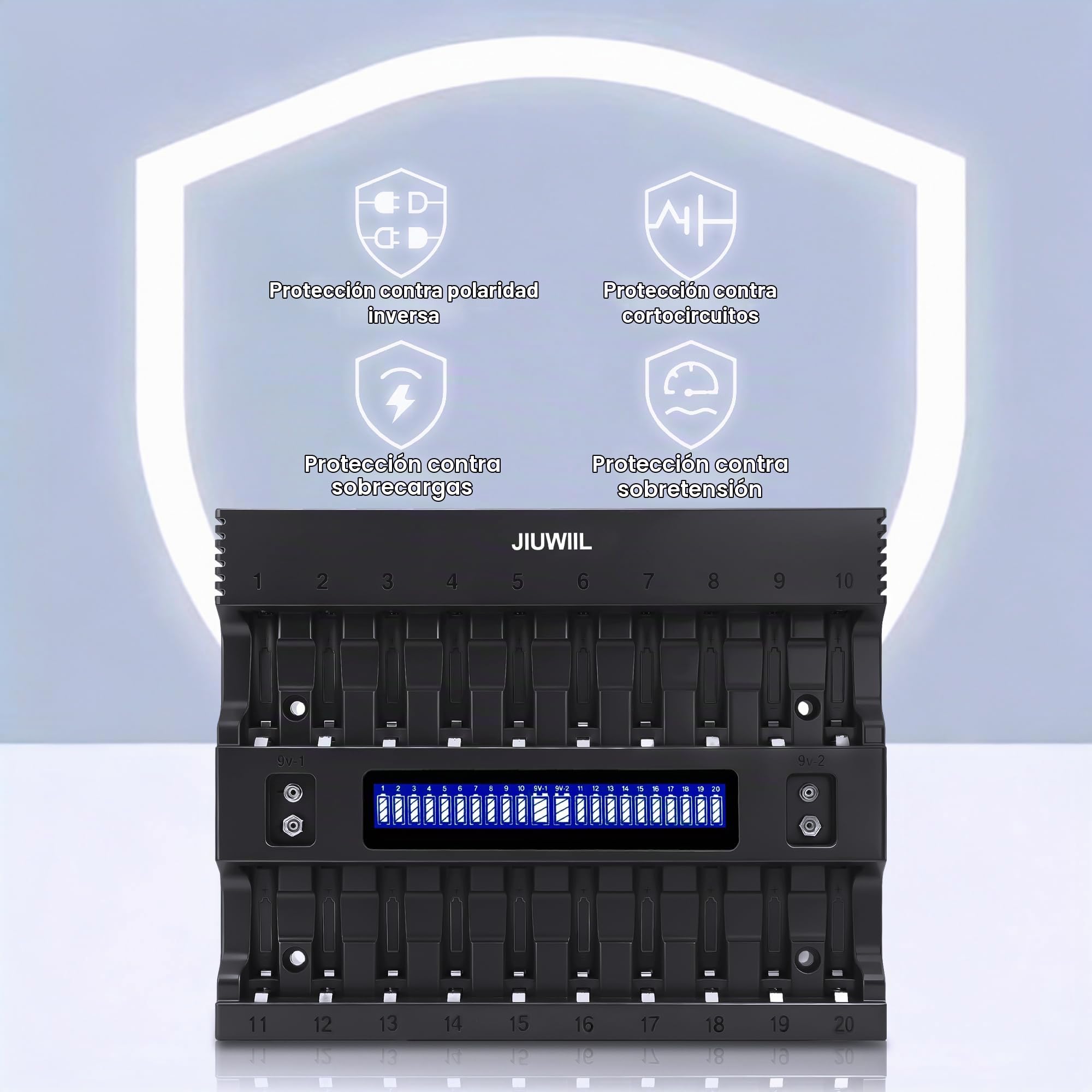 Cargador de Pilas AA AAA con 20+2 Ranuras con Pantalla LCD | Cargador inteligente, apto para baterías recargables de iones de litio, LiFePO4, RCR123, 18650, 26650, 10440, 14500 y 9V