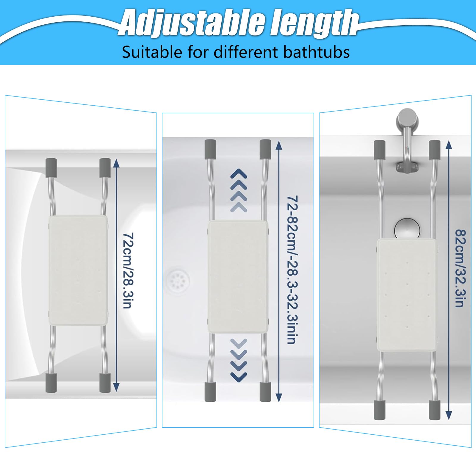 Badkuipstoel voor senioren, douchebank voor badkuip, uittrekbare 72-82 cm, badkuipplanken, draagvermogen 136 kg, badkuipstoel, aluminium, antislip, wit