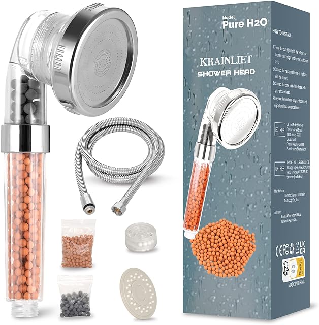 Krainliet Shower Head, Ionic Shower Head Handheld Increase Pressure Water Saving with Hose, 3 Mode Filter Spray Shower Head for Dry Hair & Skin SPA, Contains Purifying Filtration Mineral Stone Beads