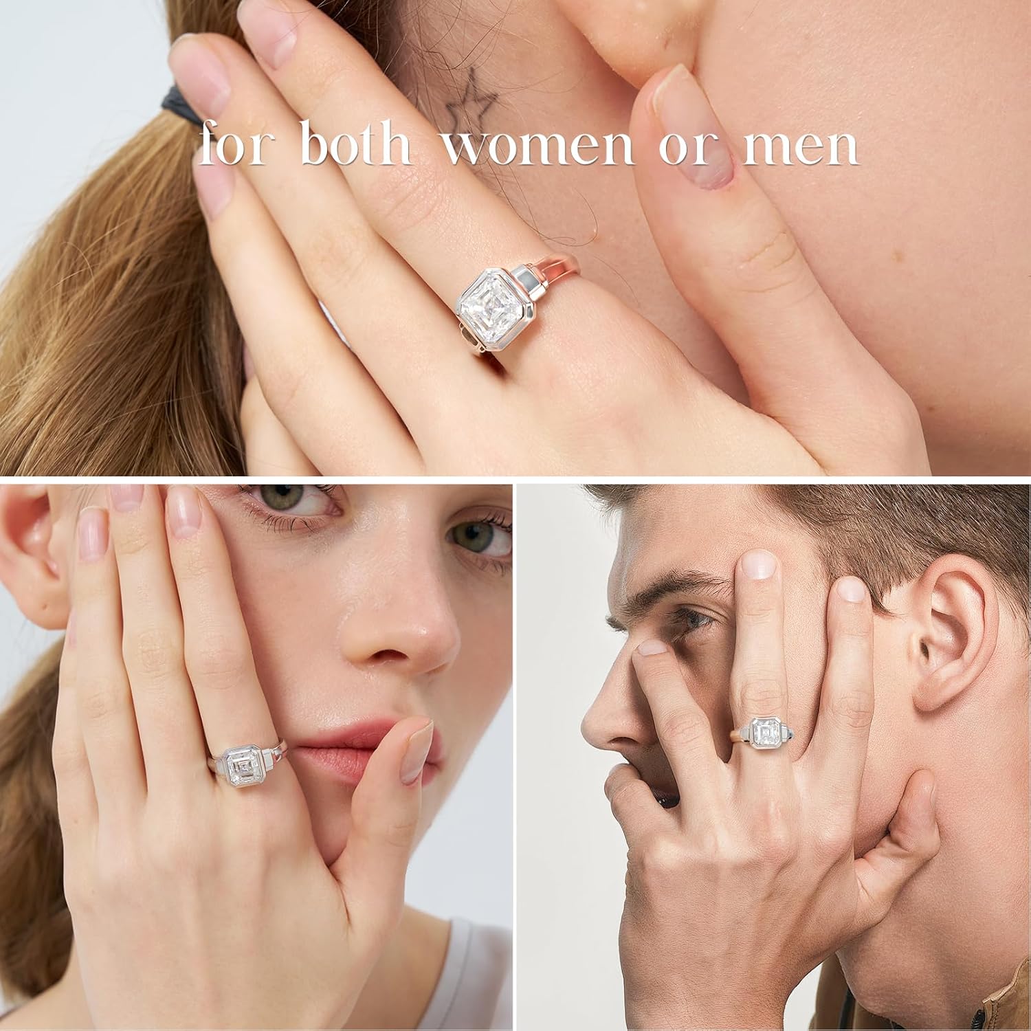 2.5CT Asscher Cut Moissanite Solitaire Engagement Ring for Men Women, Bezel Set Promise Bridal Wedding Band, 925 Sterling Silver 18K White Gold Plated, Sizes 5-10