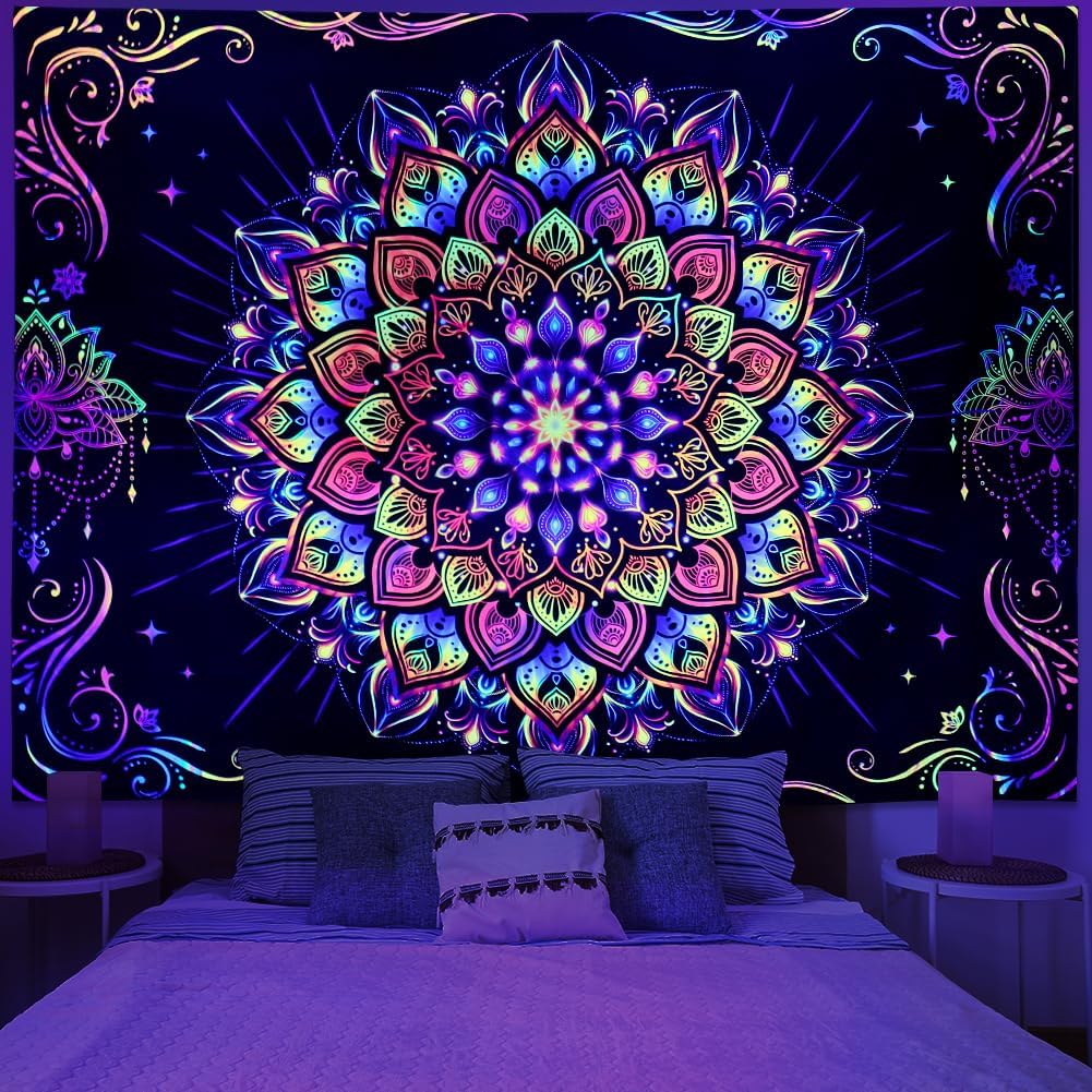 Amtoodopin Blacklight Mandala Tapestry UV Reactive Psychedelic Neon Tapestry Hippie Indian Bohemian Wall Tapestries Aesthetic Floral Tapestries Wall Hanging for Bedroom
