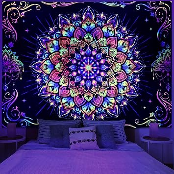 Amtoodopin Blacklight Mandala Tapestry UV Reactive Psychedelic Neon Tapestry Hippie Indian Bohemian Wall Tapestries Aesthetic Floral Tapestries Wall Hanging for Bedroom
