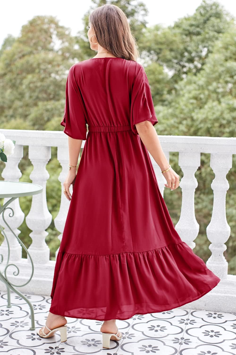 STYLEWORD Women's 2026 Summer Maternity Dress Short Sleeve V Neck Tiered Boho Flowy Long Maxi Dress - Image 5