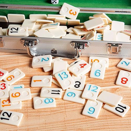 Miniatura 8 de 106 Tiles Rummy Game – Juegos de viaje Rummy Juego de mesa Rummy con estuche de aluminio y 4 bandejas antideslizantes duraderas