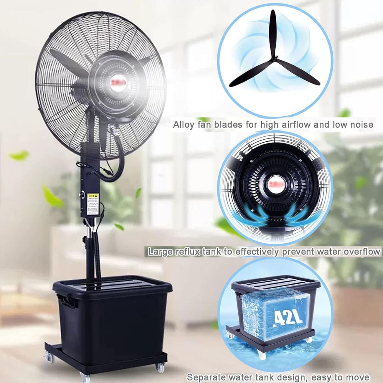 Industrial Spray Fan, Outdoor Misting Fan, Outdoor Cooling Fan, Oscillating 3-Speed Patio Misting Fan, 3 Cooling Speeds, W/Standalone Tank 42L(81cm)