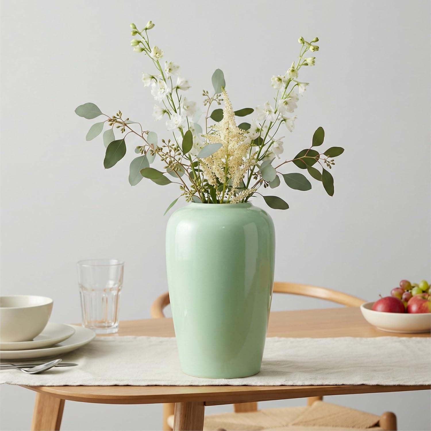 Green Vase, 8 Inch Boho Ceramic Vases for Home Decor, Modern Teal Flower Vase for Living Room Decor, Decorative Centerpiece for Coffee Table, Kitchen