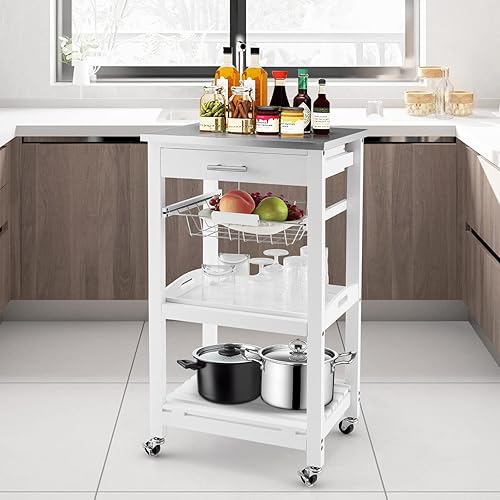 Miniatura 3 de GLACER Isla de cocina sobre ruedas, carrito de isla de cocina rodante con parte superior de acero inoxidable, carrito de almacenamiento con ruedas