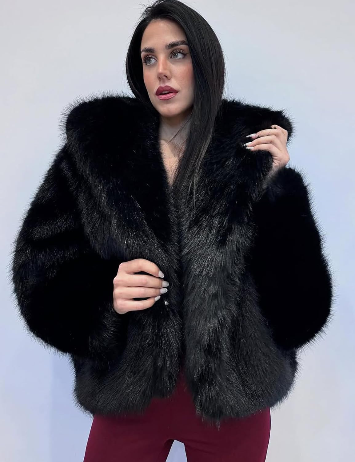 Yimoon Women's Faux Fur Coat with Hood Warm Cropped Fluffy Fur Jacket Long Sleeve Open Front Winter Jackets