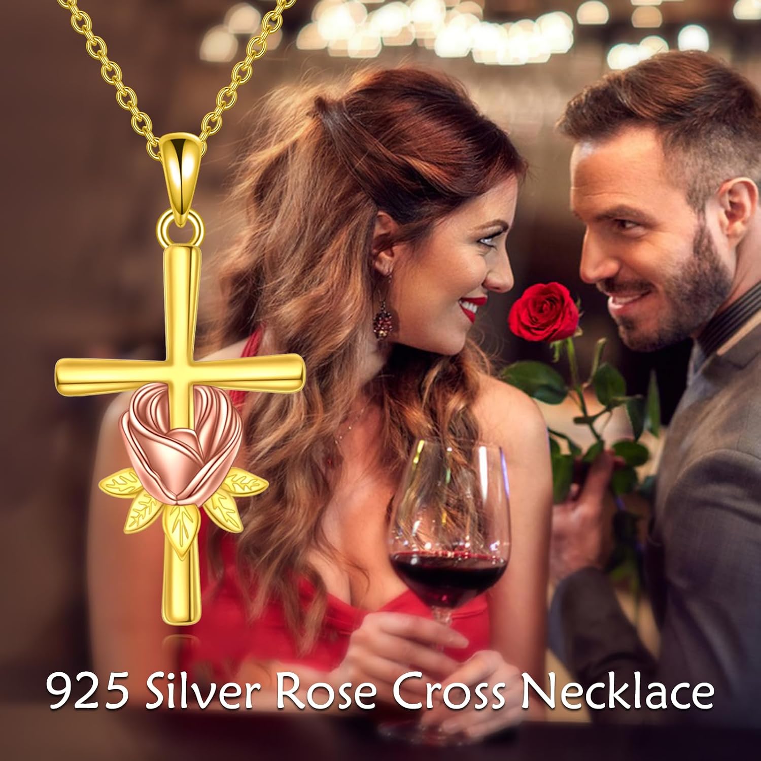 Cross Rose Flower Necklace for Women 925 Sterling Silver Crucifix Faith Pendant Flower Religious Jewelry Gift