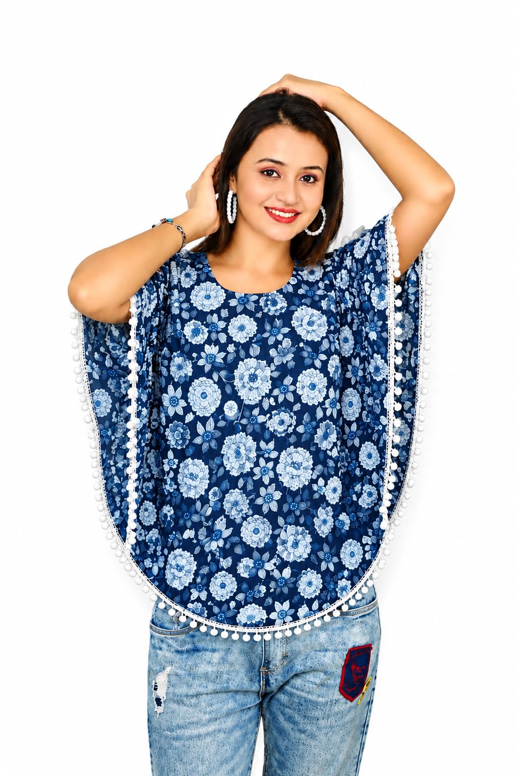 Women's Blue Floral Kaftan Top with Pom-Pom Lace Trim-image-28