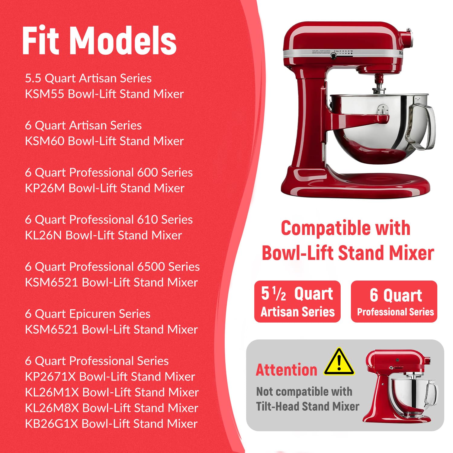 Miscelatori da cucina Accessori in acciaio inox per miscelatori KitchenAid, frusta a filo K256WW, gancio per impasto da 6 QT e paletta a lama piatta per aiuto da cucina 5,5-6 litri con testa