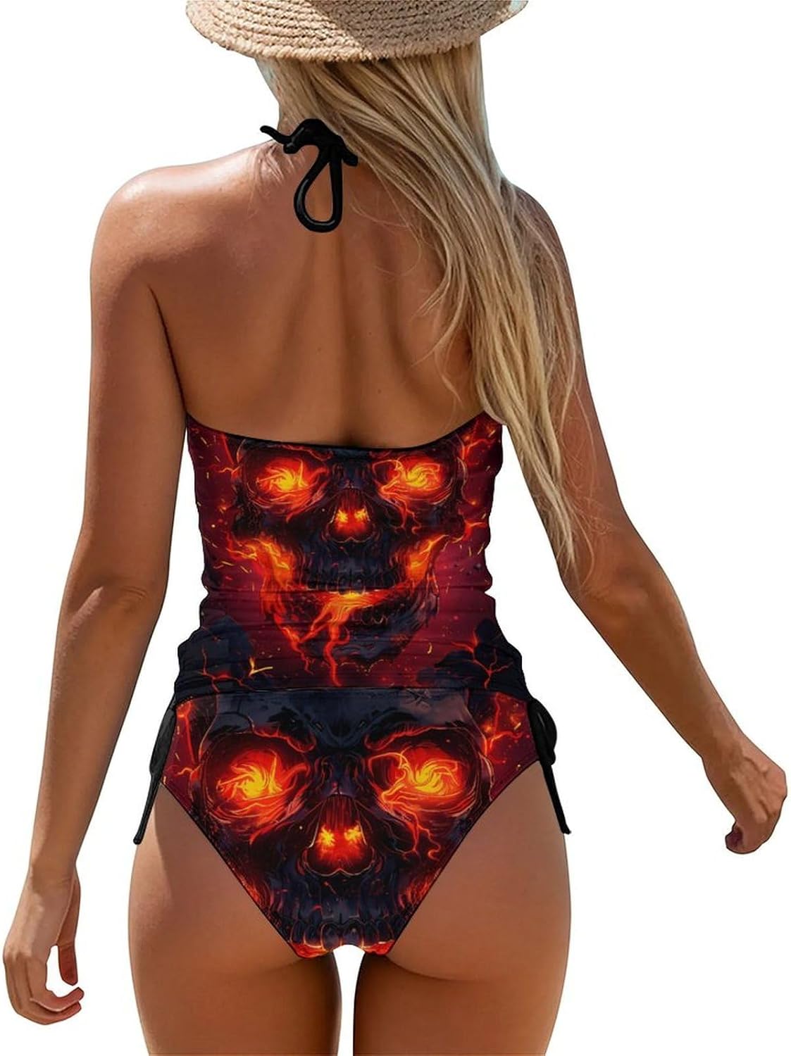 Flame Skull Women's Tankini Swimsuit Two Piece Tummy Control Bathing Suits Tie String Swimwear