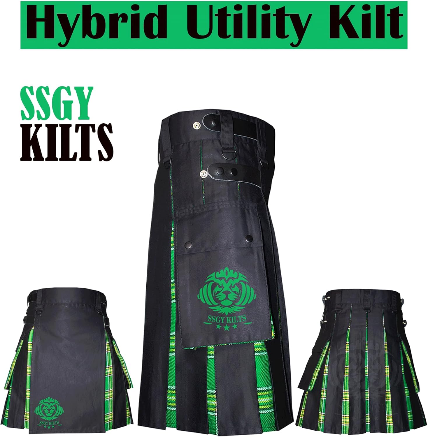 Modern Utility Kilts-Men'sScottish Hybrid Black Cotton & Acrylic Wool Tartan Utility Kilts with Leather Straps