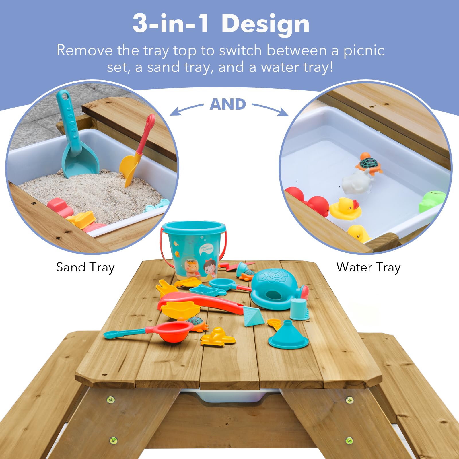 Table d'activités pour enfants, table de pique-nique convertible en bois, table de salle à manger, parapluie pliable réglable, pique-nique pour l'extérieur (naturel/marron)