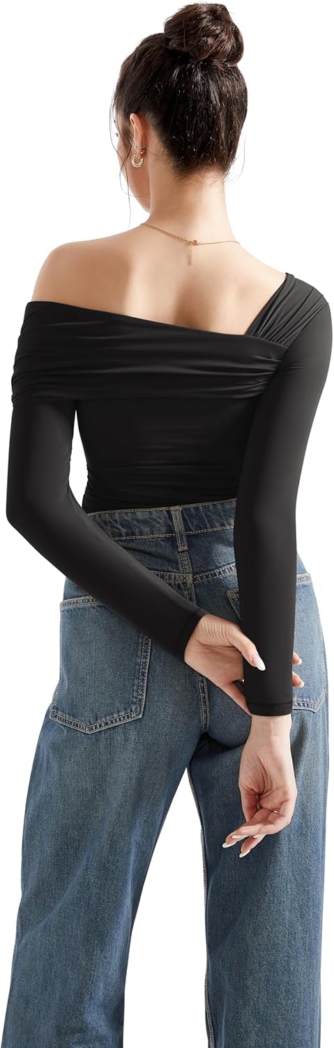 SUUKSESS Women One Off The Shoulder Trendy Casual Tops Ruched Long Sleeve Shirts - Image 5