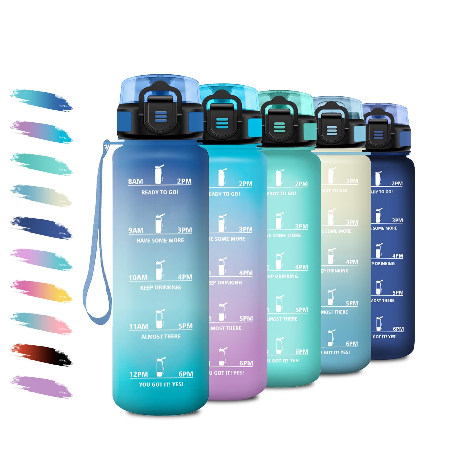 Trinkflasche 1L, Wasserflasche Sport mit Filte, Einhandöffnung, Auslaufsicher, Kohlensäure Geeignet, Motivierende Trinkflasche mit Zeitmarkierung, Sportflasche Perfekt für Camping, Fahrrad, Büro