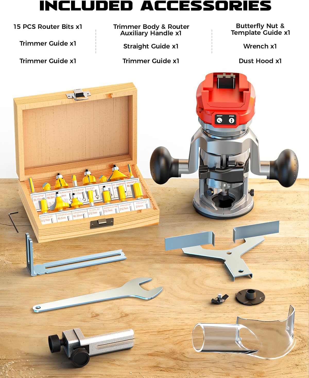 DIYTOOLIFZ Cordless Compact Router Compatible with Milwaukee Battery(Tool Only), with Double-Handle Router Fixed Base,800W 30000 RPM Brushless Wood Router, 15 Router Bits