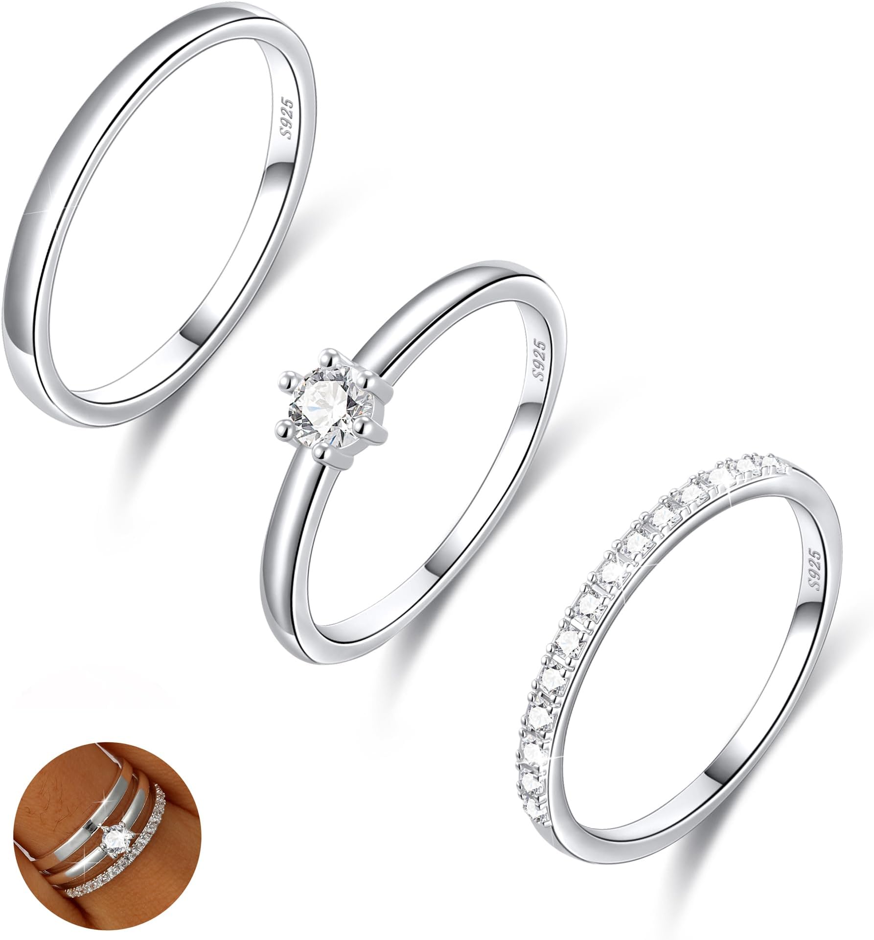 Sterling Silver Ring for Women, 4PCS Thin Stackable Rings Cubic Zirconia Thumb Ring Set Engagement Statement Wedding Bands for Women Size 5-10