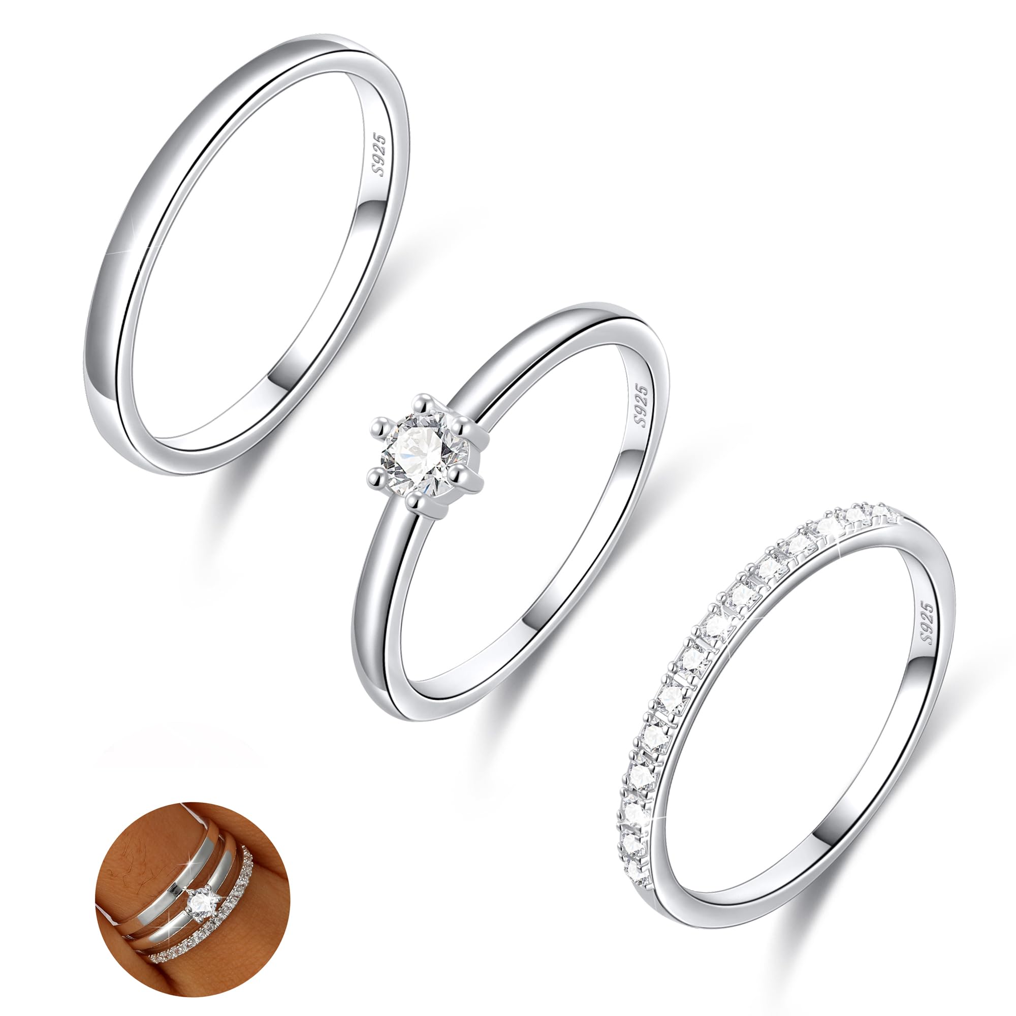 Sterling Silver Ring for Women, 4PCS Thin Stackable Rings Cubic Zirconia Thumb Ring Set Engagement Statement Wedding Bands for Women Size 5-10