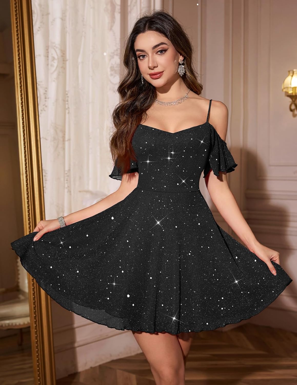 Meetjen Womens Short Cocktail Dresses 2026 Formal Party Sparkly Sequin Graduation Off Shoulder Prom Dress for Teens - Image 2