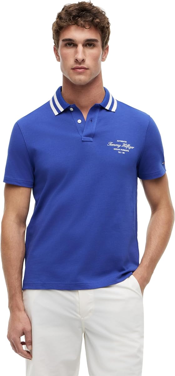 Tommy Hilfiger Men's Short Sleeve Casual Cotton Polo Shirts in Regular Fit with Embroidered Script Logo