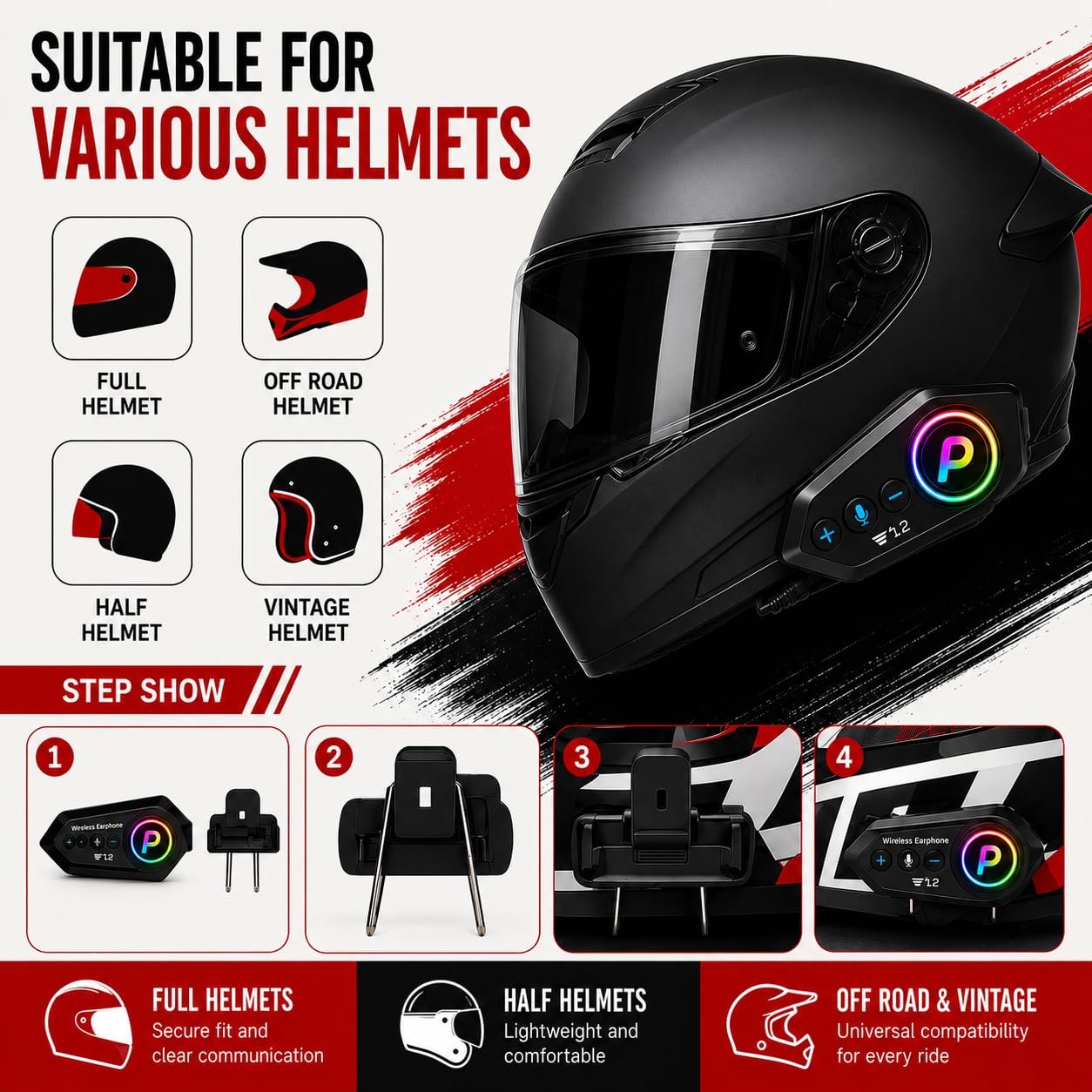 Primate Y12 Bluetooth Motorcycle Helmet Headset – HD Calling and HiFi Music & GPS Support, IP67 Waterproof, Works with Android & iOS, Universal Helmet Compatibility (Y12) — Amazon image 4