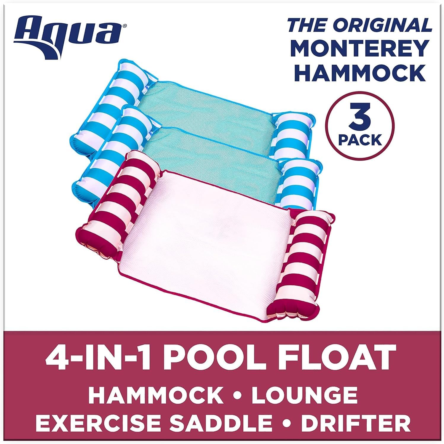 Aqua Monterey Hammock Pool Float - Three Pack - Two Light Blue & One Burgundy/White Stripe, 3-Pack