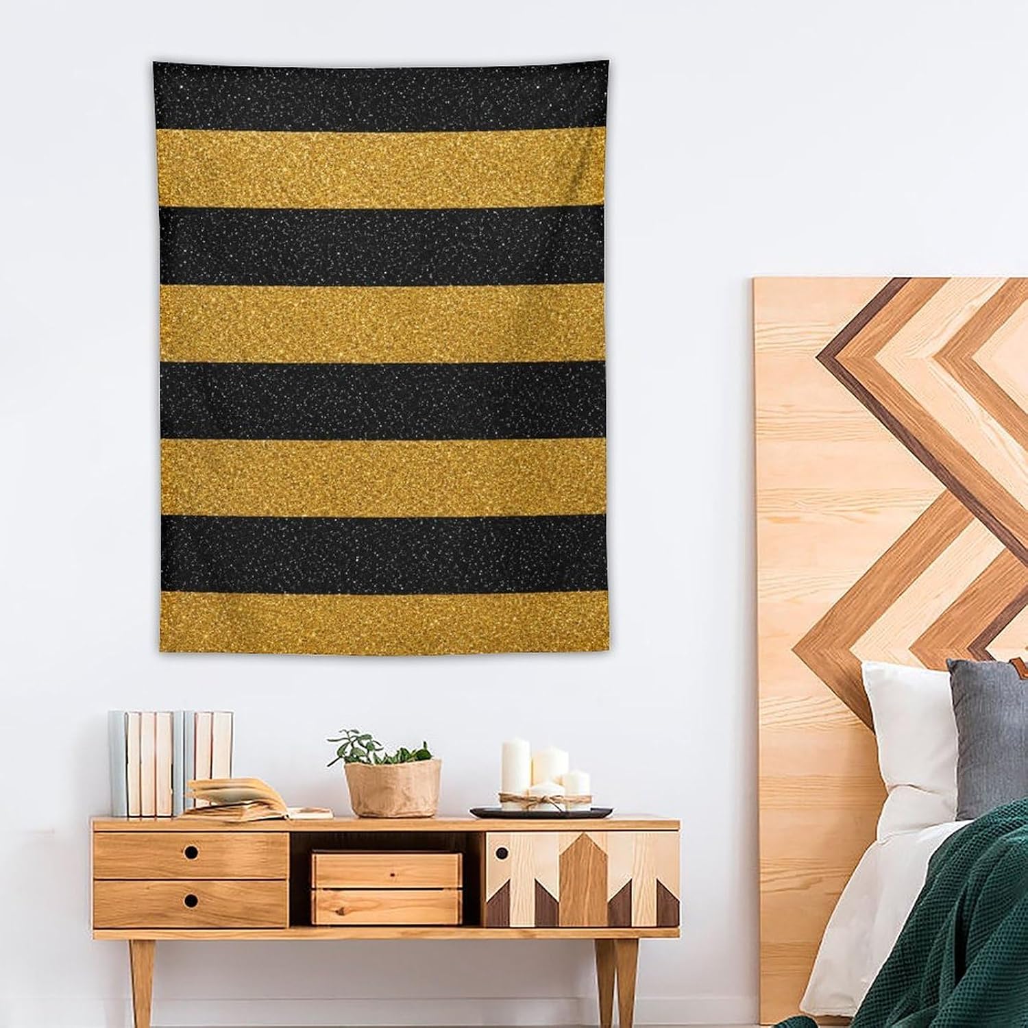 Lyngora Wall Tapestry for Bedroom Dorm Living Room Decor Black Gold Stripe